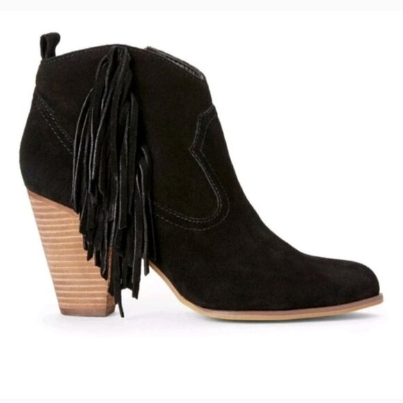 Steve Madden Black Suede Cian Fringe Western Booties Size 8.5M - Picture 1 of 9